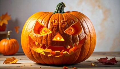 Fototapeta premium Illuminated carved pumpkin with spooky face atop wooden surface against blurred background, with autumn leaves nearby