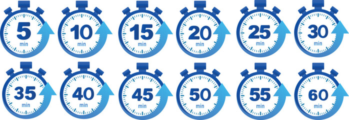 stopwatch set for every 5 to 60 minutes icon set. countdown analog timer deadline Set. Clock dial with showing minute in four style can be use for app. vector illustration on white background.  