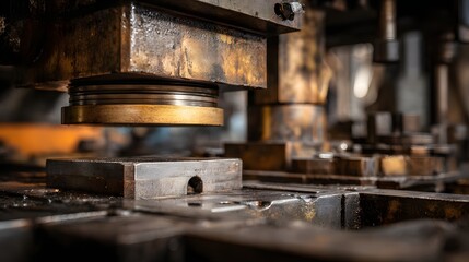 Industrial stamping press machine with metal components.