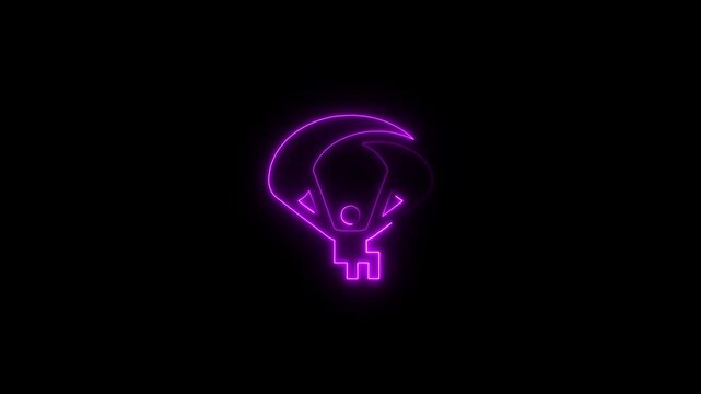 Neon purple abstract figure with parachute glowing on black background minimalist motion graphic