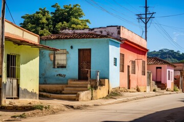 Traditional colorful houses with barred windows and decaying plaster line a street in a small cuban town, illustrating poverty and the effects of time