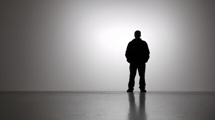 Silhouette of a person standing with hands in pockets on a reflective floor.
