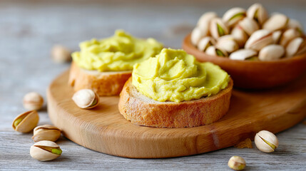 Mashed avocado spread on sliced bread with pistachio nuts on wooden board