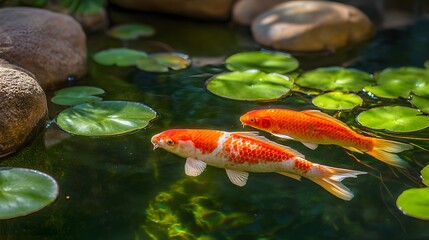 Two colorful fish swim in a pond surrounded by lily pads and rocks.