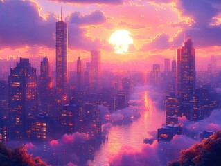Futuristic cityscape at sunset with tall skyscrapers glowing under a vibrant purple and orange sky, river running through the middle surrounded by mist and clouds