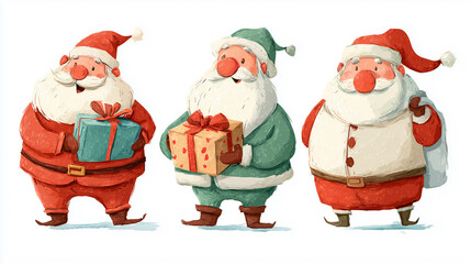 Obraz premium set of cute santa claus with present, handdrawn cartoon style illustration, vibrant colors, isolated on white background. Design element for Christmas greeting card, poster, website, publicity.