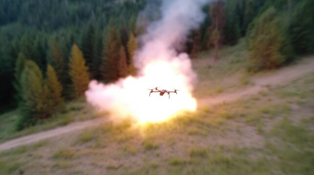 FVP drone is shooting an exploding shell into the enemy target. Modern war: drone is the main danger for infantry