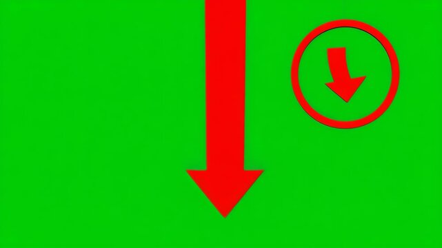 Red Arrow Downward Trend Icon on Green Screen Chroma Key Background Symbolizing Decline Decrease