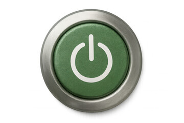 Green power button symbol with metallic bezel, representing on, off, start, and standby concepts