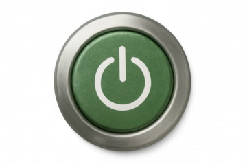 Green power button symbol with metallic bezel, representing on, off, start, and standby concepts