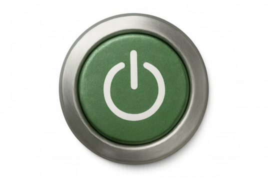 Green power button symbol with metallic bezel, representing on, off, start, and standby concepts