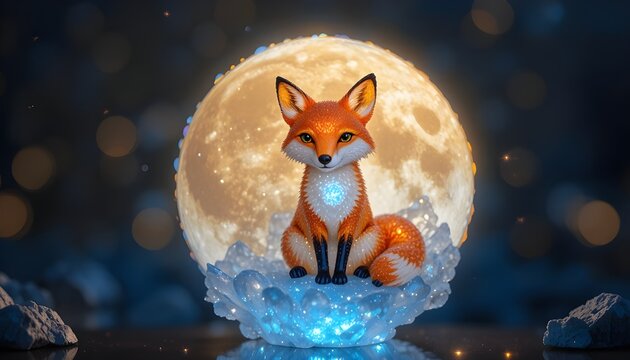 &ldquo;Mini fox made of glass and light, sitting on a crystal moon &mdash; postage stamp design with holographic foil details.&rdquo;
