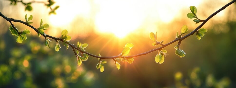 Close-up of a delicate tree branch with fresh green leaves illuminated by warm golden sunlight during sunrise or sunset