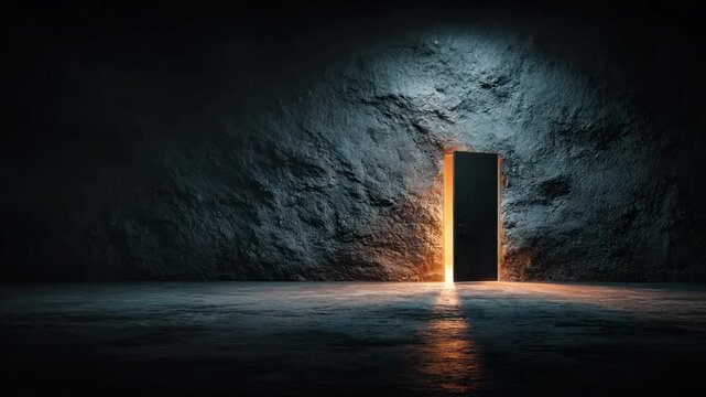 A dimly lit cavern reveals an open portal bathed in warm light