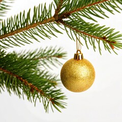 Flowers and Leaves in Christmas New year PNG concept. A golden ornament hangs from a pine branch, adding festive cheer to the greenery.