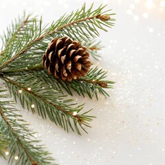 Flowers and Leaves in Christmas New year PNG concept. Pine branch with a pinecone on a soft, sparkling background, evoking a wintery feel.
