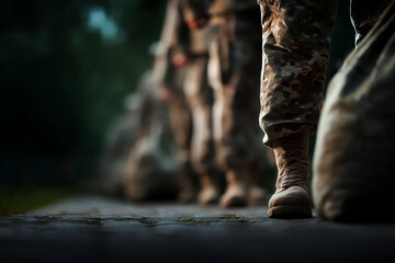 Close-up of soldiers' boots in camouflage uniform standing in line on a paved surface, highlighting discipline and military readiness with a blurred natural background