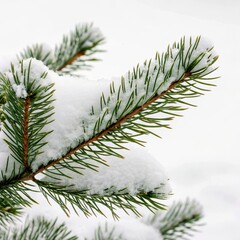 Flowers and Leaves in Christmas New year PNG concept. Snow-covered pine branch against a soft white background.