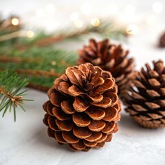 Flowers and Leaves in Christmas New year PNG concept. Pinecones surrounded by evergreen branches with a blurred festive background.