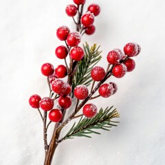 Flowers and Leaves in Christmas New year PNG concept. Frosted red berries on a branch with green leaves against a snowy background.