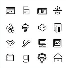 Set of sixteen simple black line icons representing various technology and communication concepts on white background