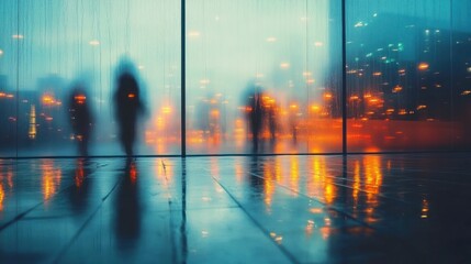 Fototapeta premium silhouettes of people seen through a rain-soaked glass window with blurred city lights reflecting on the wet floor creating a moody and contemplative atmosphere