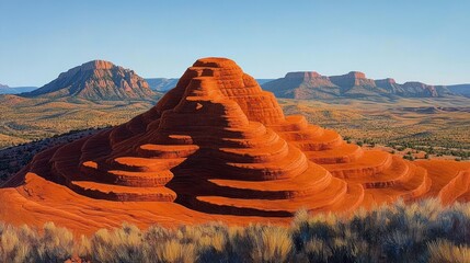 Sunlit red rock formation with layered ridges and surrounding desert vegetation under clear blue sky in arid landscape
