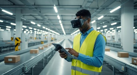 Man Wearing Vr Headset and Neon Vest Working with Tablet in Warehouse