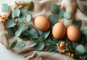 Three brown eggs resting on green eucalyptus leaves and orange flowers on a beige fabric with soft natural light evoking calm and simplicity