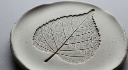 Elegant Leaf Impression in White Clay Round Dish Closeup