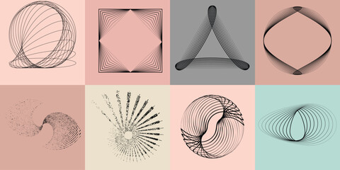 Lines and spirals in Circle Form .Rotate rounded shape Vector .Rotating dots form a circle .Rotating and linear design element . Various lines forming round shape . Abstract Geometric line art 