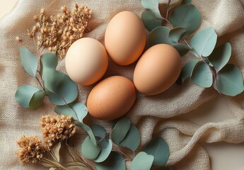Four brown eggs arranged on textured beige fabric surrounded by green eucalyptus leaves and dried flowers creating a natural and rustic atmosphere
