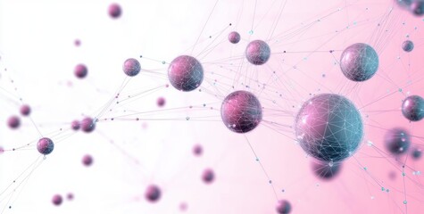 Abstract network of interconnected spheres with geometric wireframe structures on a soft pink and white gradient background, representing technology and connectivity