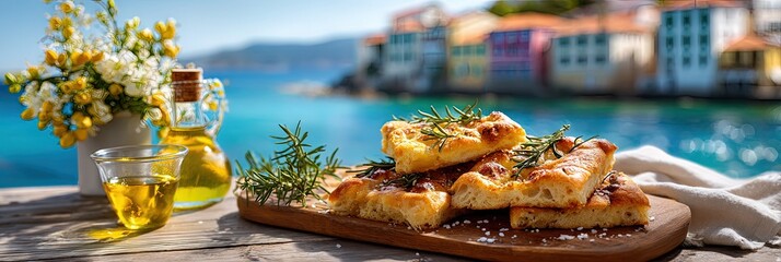 Delicious focaccia with rosemary and olive oil by the sea
