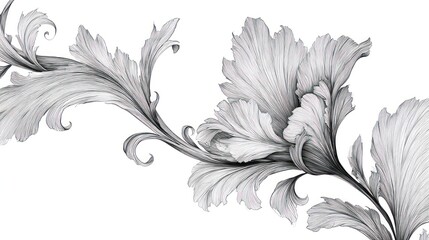 Elegant, monochrome floral illustration, flowing leaves and petals with intricate details, white background