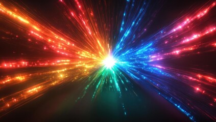 Bright central light emitting radiant multicolored beams with sparkling particles streaking outward in dynamic motion