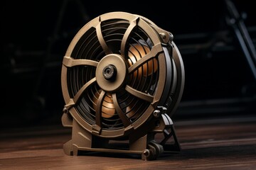 Obraz premium Robust, metallic cooling fan sits on a wooden surface, its blades poised to generate a refreshing airflow