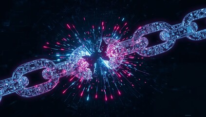 Digital Chain Break - Exploding Cybernetic Link with Vibrant Blue and Pink Hues.