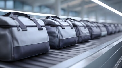 A row of duffel bags moves along a conveyor belt.
