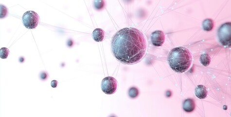 Abstract interconnected spheres representing a network or molecular structure with glowing connecting lines and a soft pink and white background