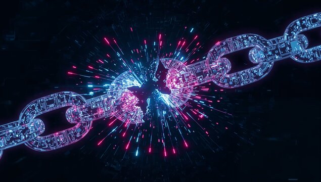 Digital Chain Break - Exploding Cybernetic Link with Vibrant Blue and Pink Hues.