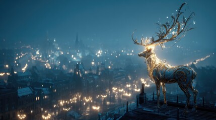 Glowing reindeer Christmas cityscape