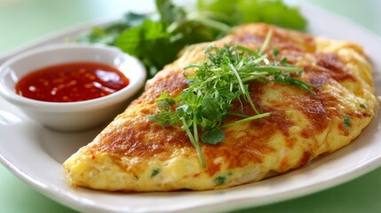 Editorial-style image of a freshly cooked crab omelet, golden and light, served with soy sauce, captured with natural lighting on a pastel green surface.
