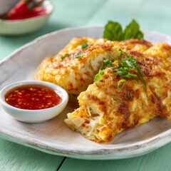 Crispy outside and fluffy inside crab omelet on a ceramic plate, paired with soy sauce, styled simply with a gentle green background.
