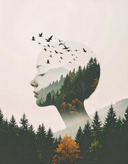 Woman's silhouette with forest and birds