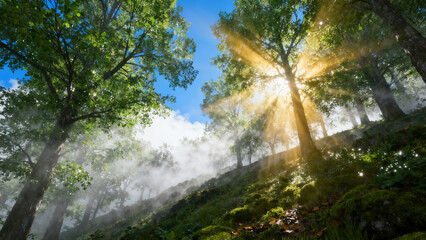 Obraz premium Serene Green Mountain Landscape with Fog