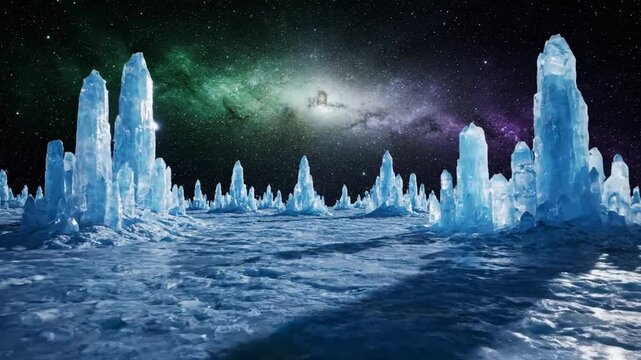 Alien Ice Spikes Under Colorful Nebula In Deep Space With Starry Sky And Galaxy