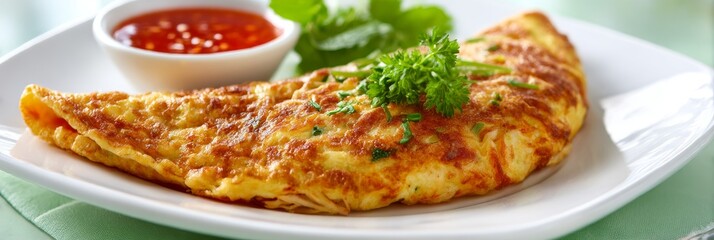Golden, airy crab omelet presented neatly on a white plate with soy sauce dip, minimal composition, soft daylight, and pastel green backdrop.