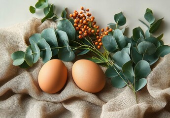 Two brown eggs resting on a textured beige fabric surrounded by green eucalyptus leaves and clusters of small orange berries creating a calm and natural setting