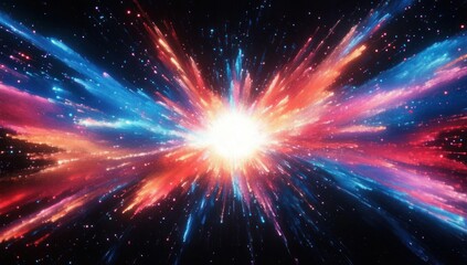 Bright explosive cosmic burst with radiant blue and red streaks of light spreading outward in deep space